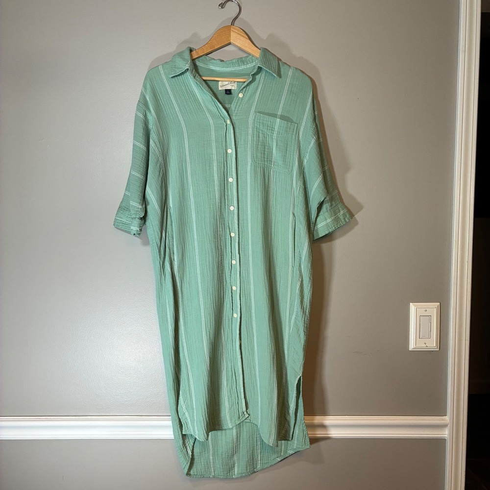 Universal Thread Green Striped Gauze Cotton Shirt Dress Small High Low Hem